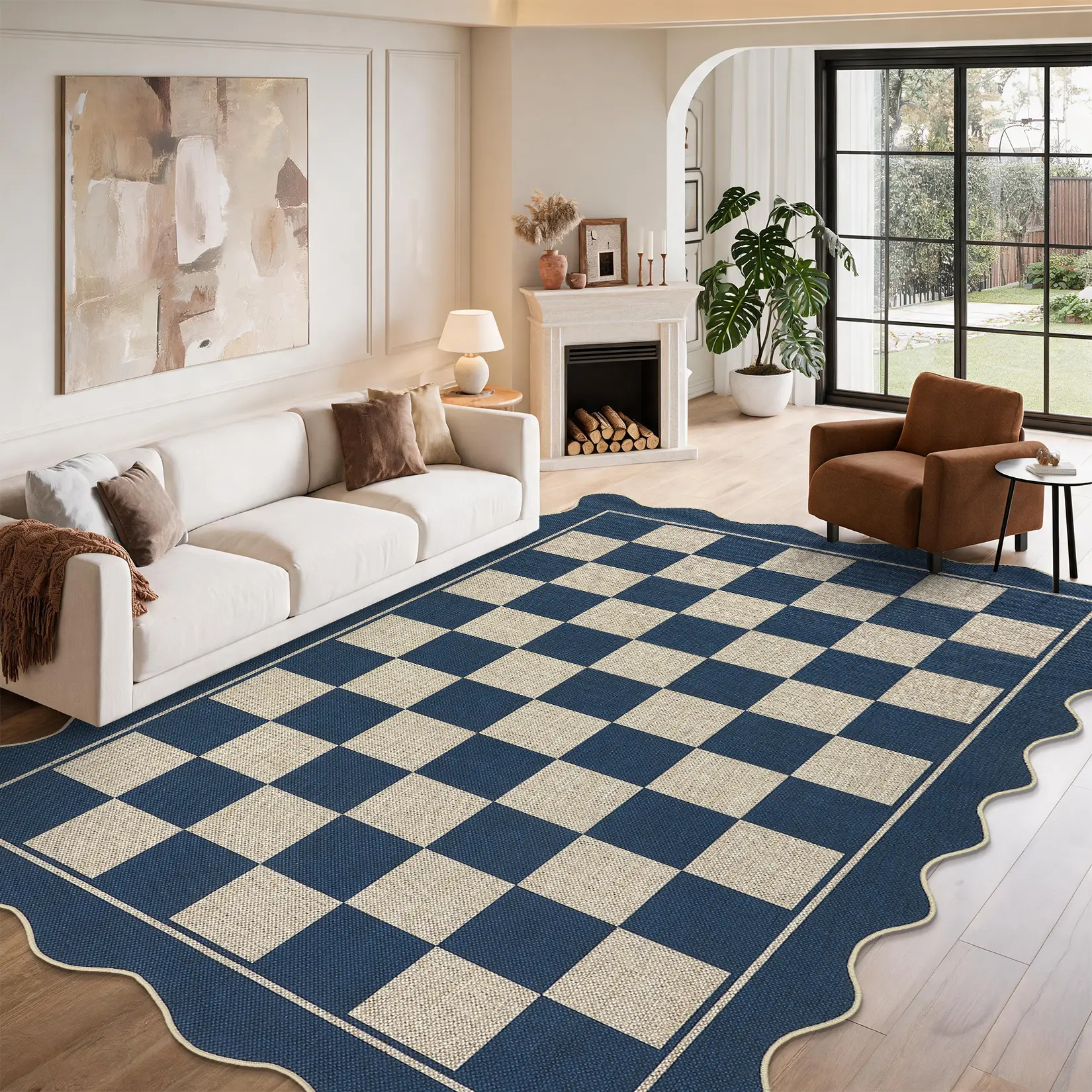 Modern Checkerboard Fan-Shaped Border Printed Jute Area Rug, Washable Stain-Resistant Non-Slip Foldable Indoor Outdoor Decor Rug for Living Room Dining Room Balcony Patio bedroom