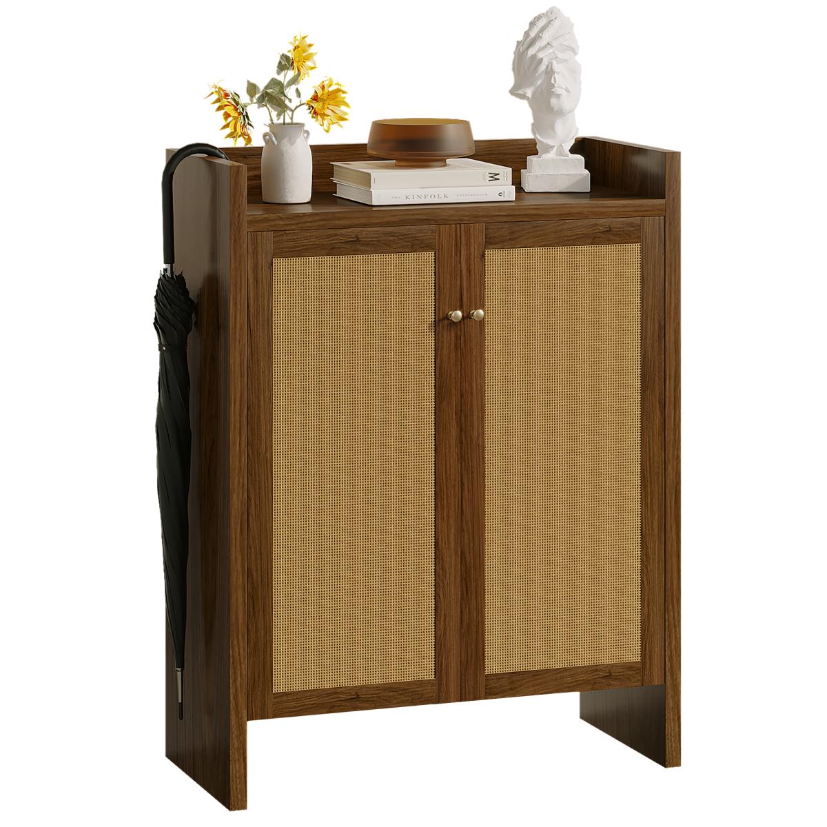42.5" Tall Rattan Shoe Cabinet with Doors, 6-Tier Shoe Storage Cabinet with Adjustable Shelves, Wooden Freestanding Shoe Organizer Shoe Cabinet for Entryway,Hallway,Living Room (Walnut)