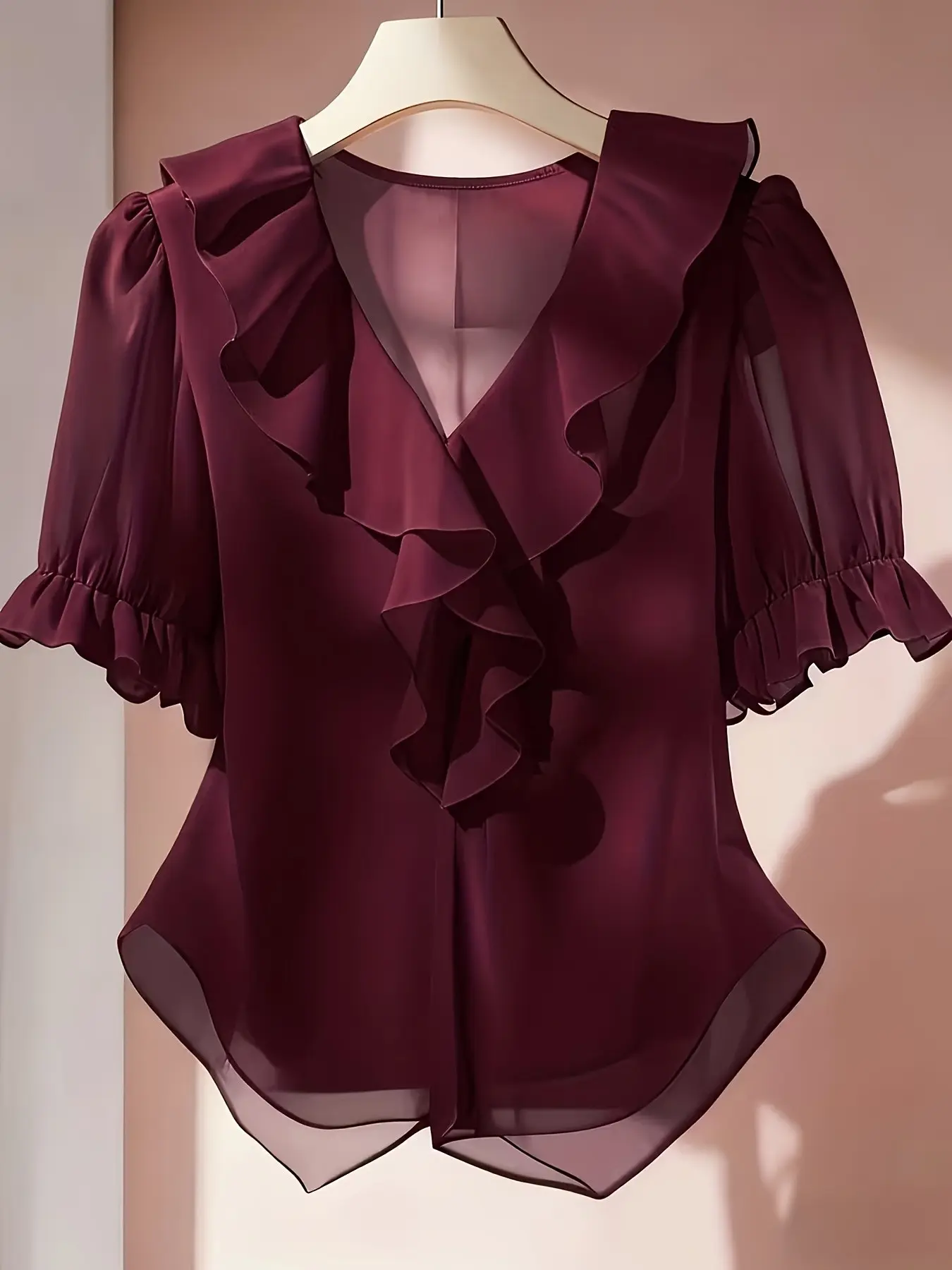 Plus Size Women's Solid Color Ruffle Collar Short Puff Sleeve Fashionable Blouse Ruffle Blouse Chiffon Blouses For Women