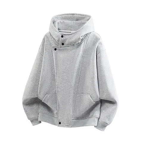 Men's Solid High Collar Cotton Blend Hoodie - Thick Soft Fabric, Long Sleeve Menswear, Diagonal Placket, Asymmetric Metal Snaps, Korean Casual Streetwear, Medium Length, Cold Wash, Boyfriend Gift, Outdoor/OOTD Outfit, Male Clothing