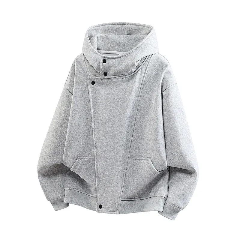 Men's Solid Diagonal Placket High Collar Hooded Jacket, Asymmetric Metal Snap Button Design, Minimal Korean Casual Style, Thick & Soft Fabric, Fashionable & Versatile, Suitable For Daily Commute And Outdoor Outings