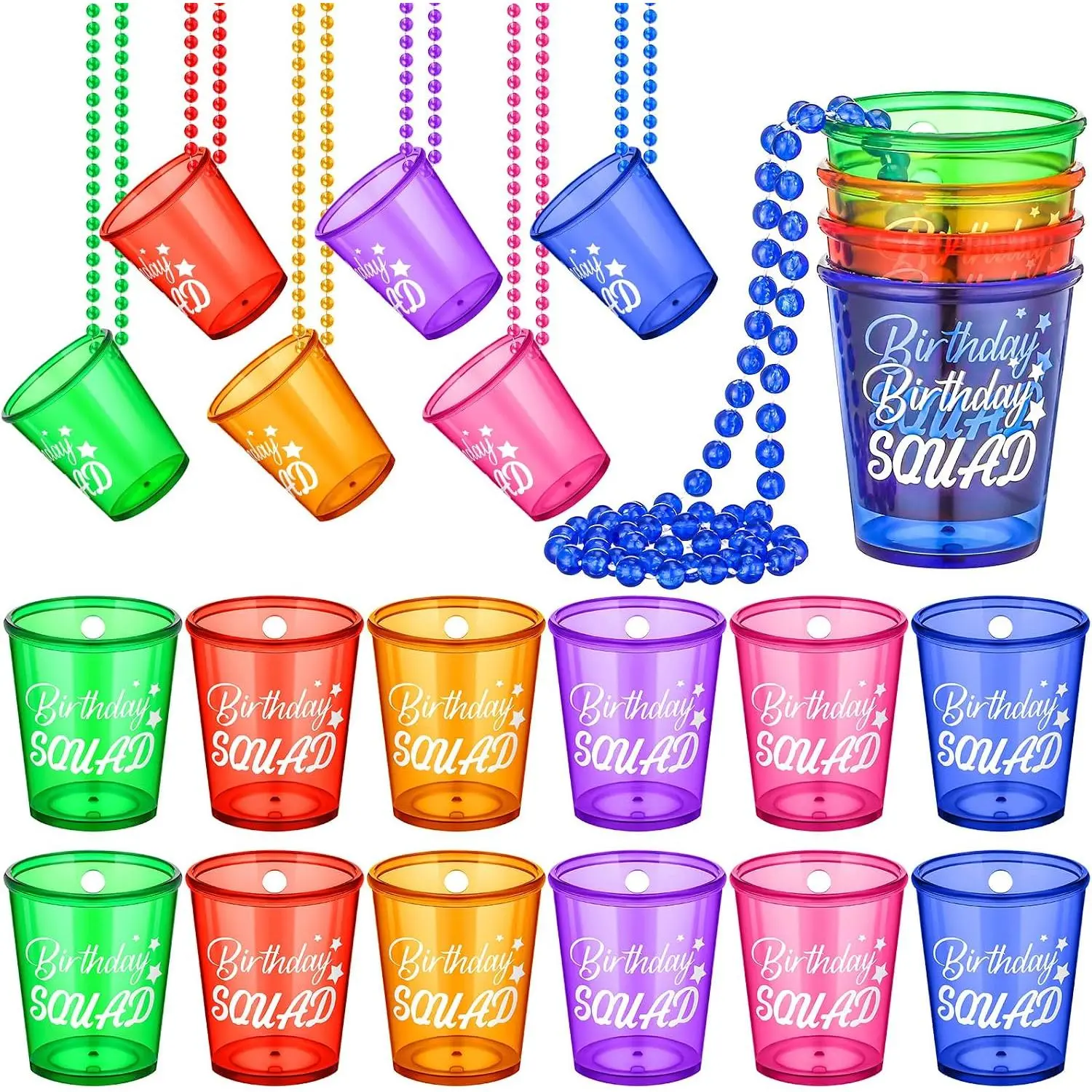 12 count Birthday Squad Shot Glass Necklace Shot Cups Plastic Glasses  Beaded Necklace Funny Beaded Squad Cups for Adults Birthday Wedding Party Supplies Favors, 6 Colors