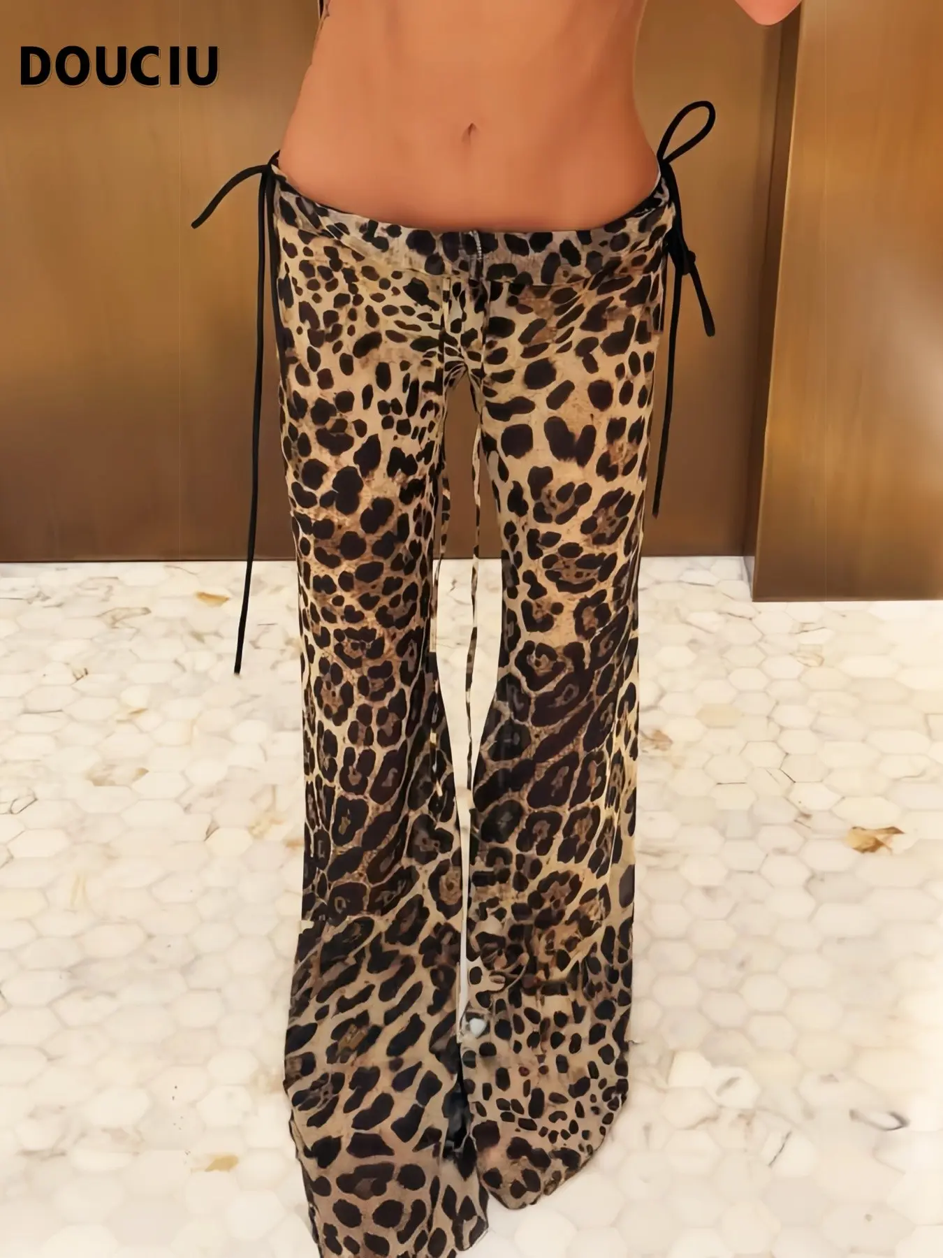 DOUCIU Classic Leopard Print Trendy Streetwear Women's Thin Tie-Waist Long Pants, Casual Fashion Trousers, Casual Hip-Hop Style, Versatile and Cool