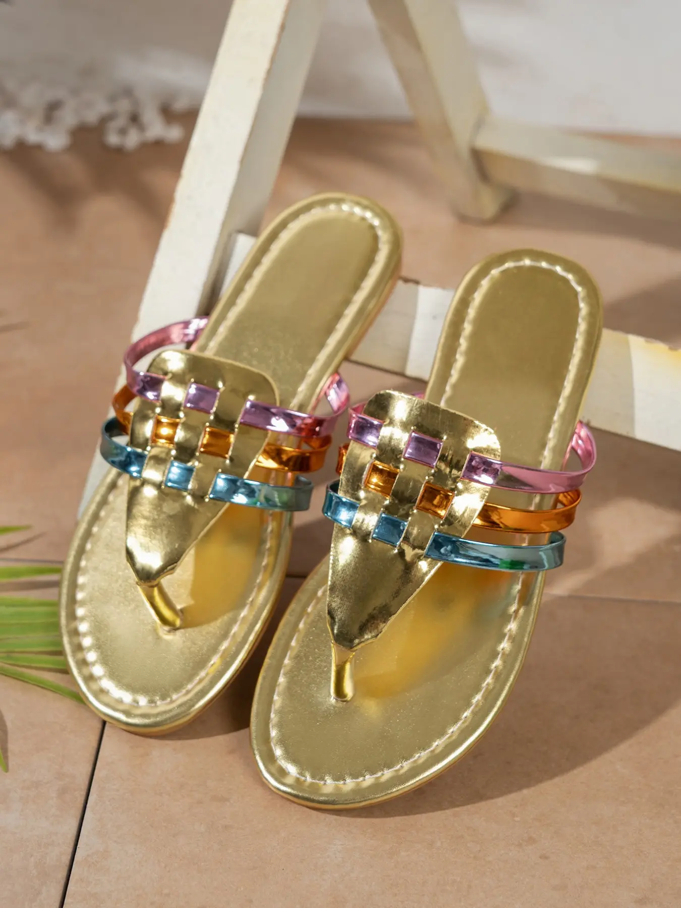 Trendy Ladies Rainbow Metallic Flip Flops, Three Tone Thin Straps, Color Block Front, Lightweight Flat Slides, All Season Fashion