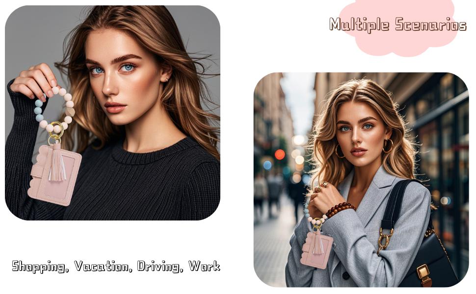 Keychain Wallet Wristlet, Credit Card Holder Purse with Tassel & Beads, Multifunctional Key Chain Bracelet Bangle for Women, Hands-Free Everyday Essential, Cute Small Wallet – Llavero Monedero