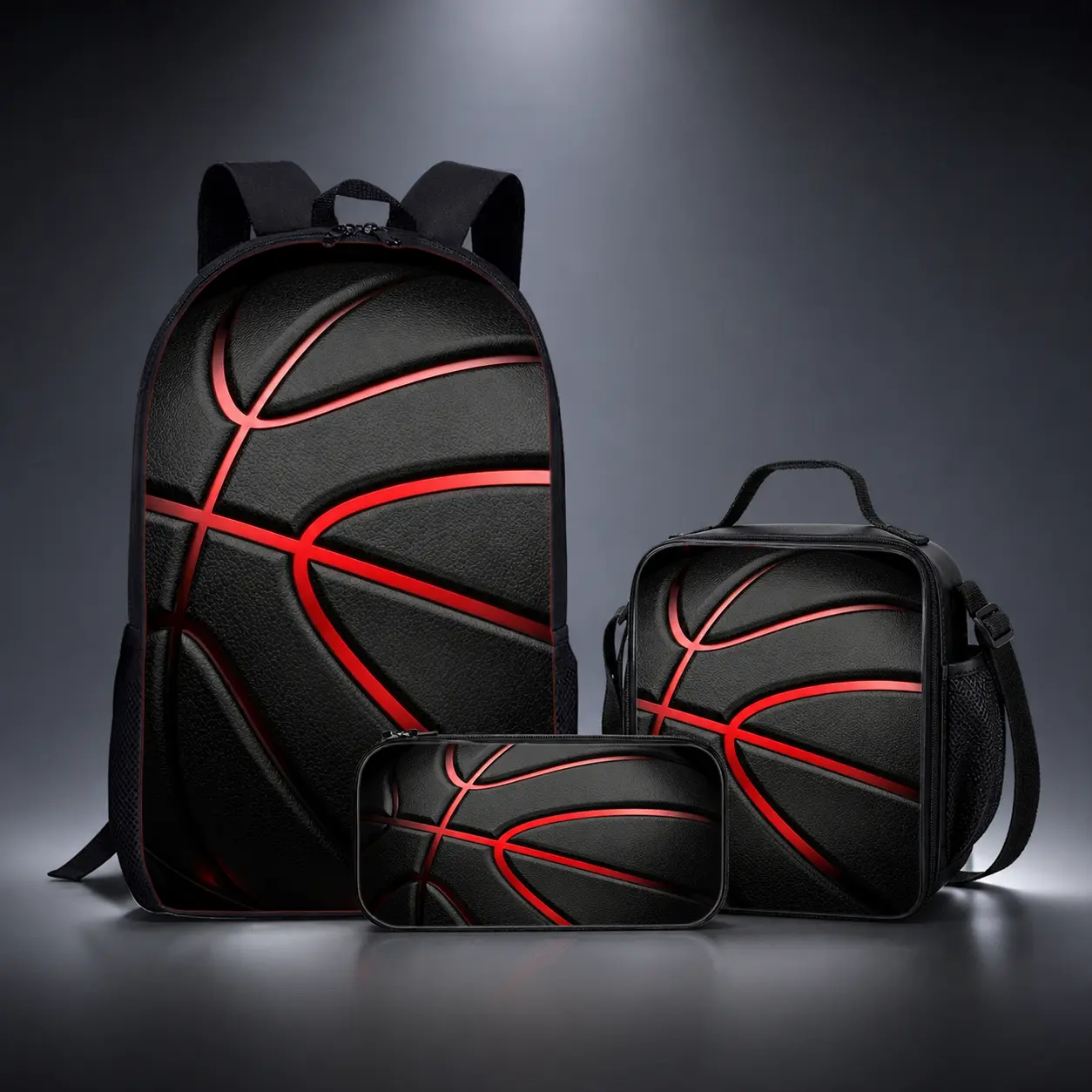 3PCS set of red basketball pattern printed backpacks, including lunch bag, pencil case, and backpack, Durable Backpack, School Backpack Set
