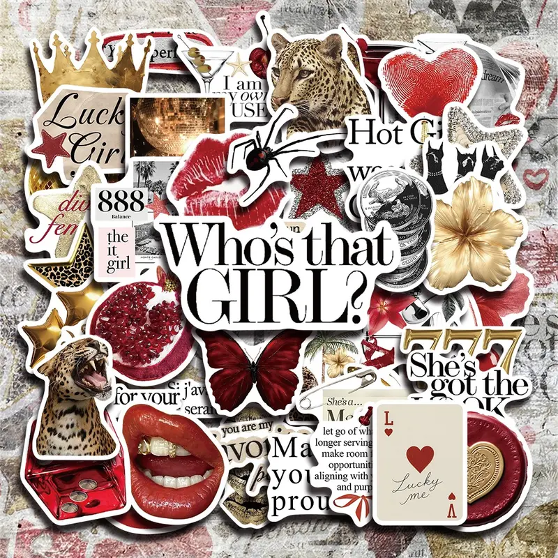 50 Pcs Gold & Red Aesthetic Vinyl Stickers Pack, Luxury Art Style, Ideal for Laptop, Water Bottle, Phone Case, DIY Decoration & Perfect Gift