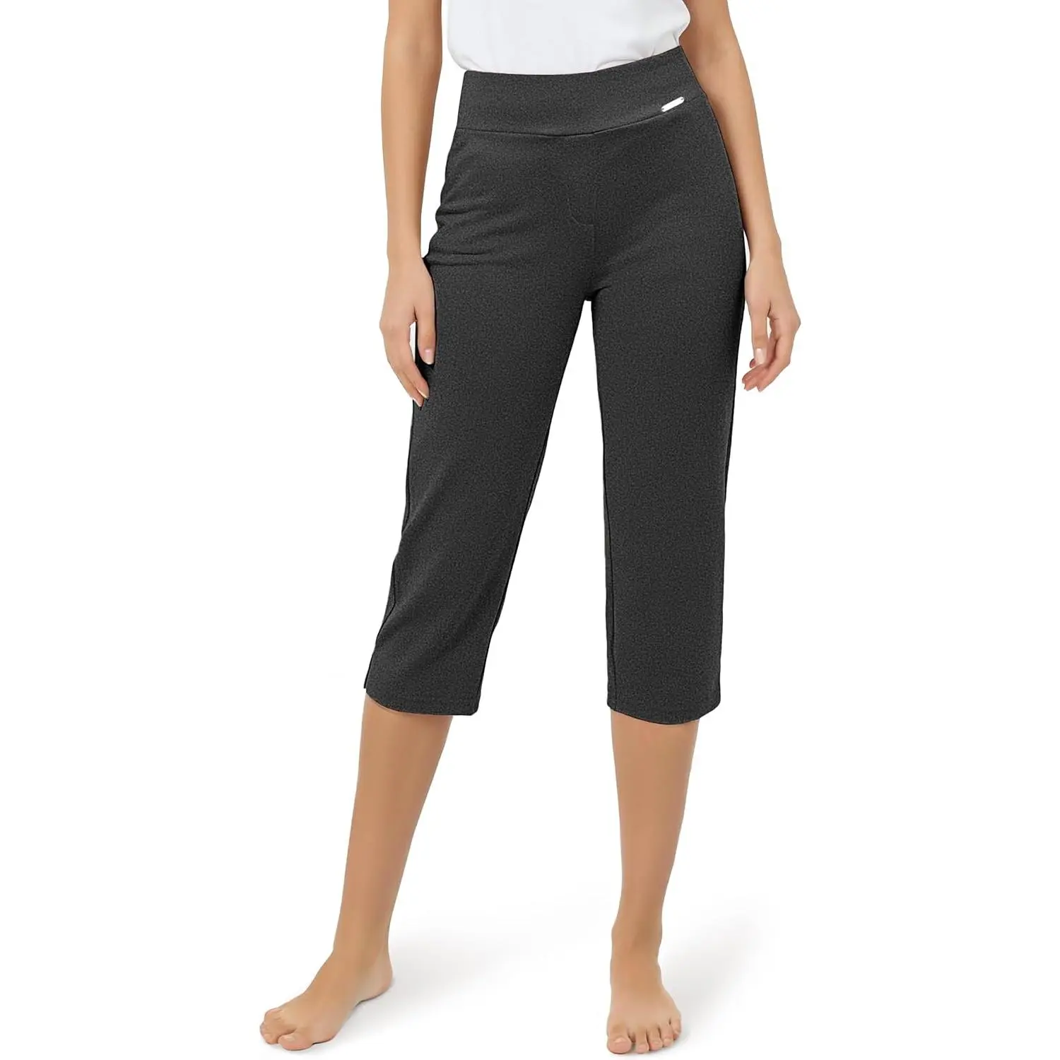 Women's High-Waisted Soft Dressy Capri Pants - 19"/20.5" Inseam, Pull-On Straight Leg, Athletic Bottom for Office Business Casual, Fabric, Pockets, Fit, Elastic, Breathable, Side Slits, Fashion