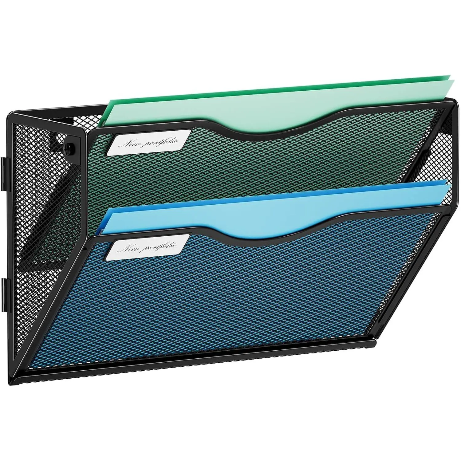Wall File Holder 2-Tier Hanging Wall File Organizer, Mesh Mail Holder for Papers, Wall Mount File Clipboard & Magazine Organizer Great for Office Home (Black)