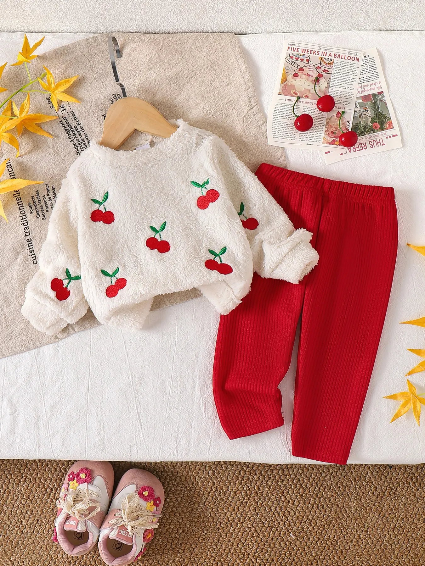 Infant Girls' Casual Fall Winter 2-Piece Set, Cherry Embroidered Fuzzy Long Sleeve Sweatshirt + Striped Elastic Pants Baby Girl Clothes