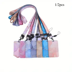 1/2pcs Fashionable Marble Pattern Sliding ID Card Holder with Secure Lanyard - Effortless Bus, Work & School Card Access - Durable, Stylish Organizer for On-the-Go