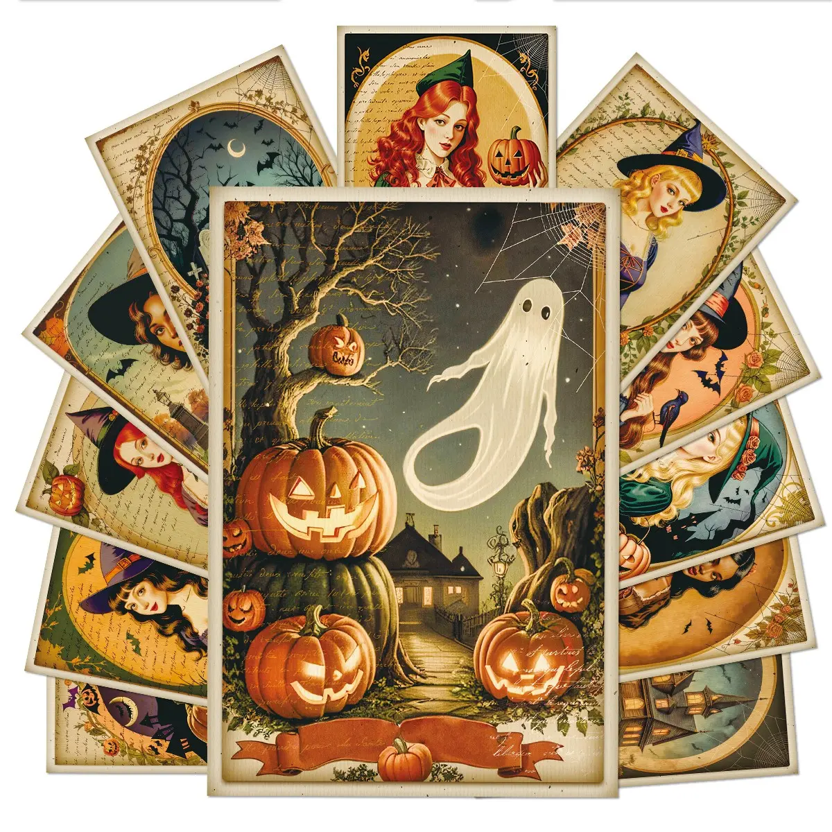 12Pcs Vintage Halloween Witch Postcards, Retro Pumpkin Bat Haunted House Ghost Art Print Cards, Antique Old Paper Style Witchy Postcards for Wall Collage Decor, Junk Journal, Halloween Greeting Card & Gift Giving