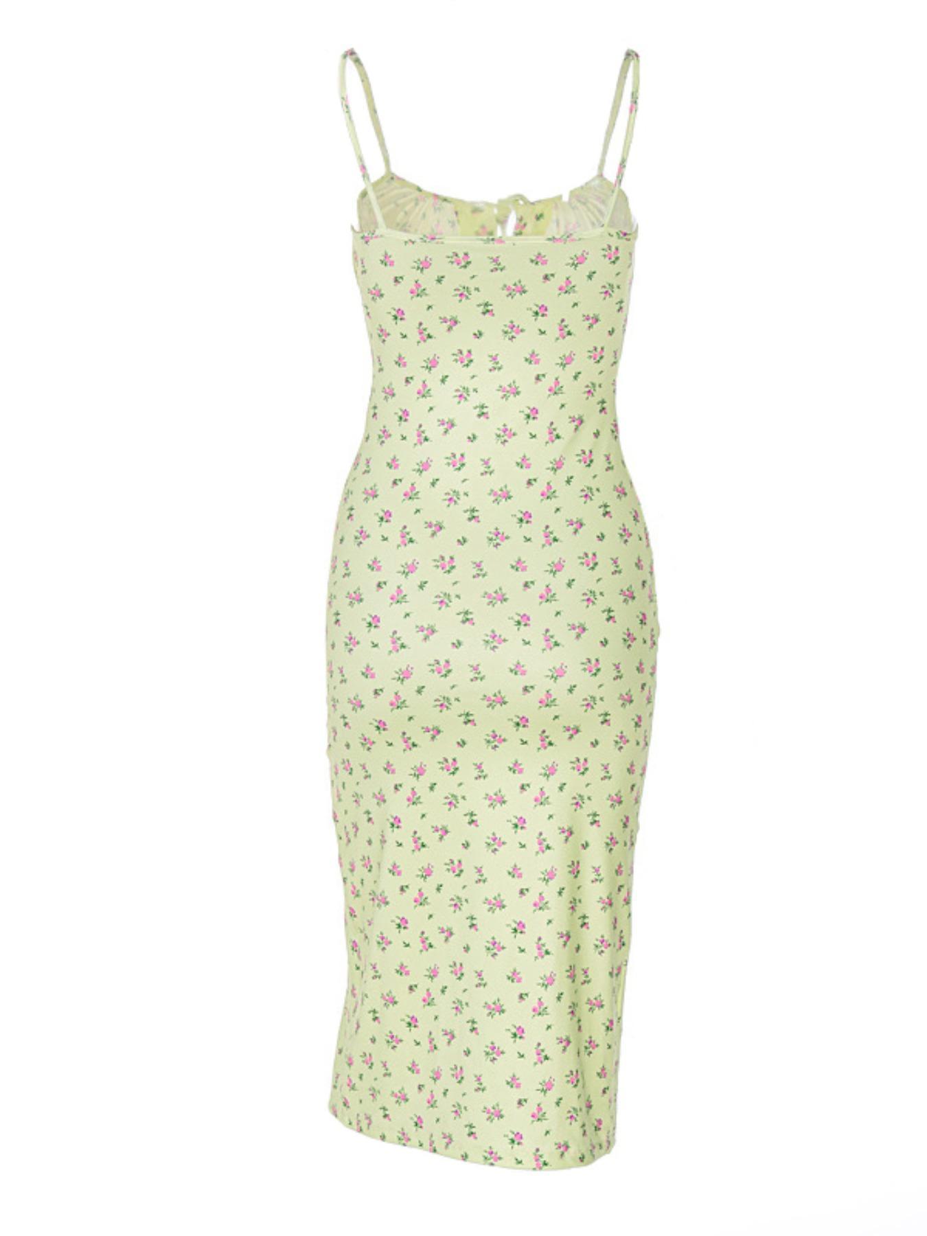 Women's Ditsy Floral Print Split Thigh Cami Dress, Boho Ruched Spaghetti Strap Midi Dress for Beach Holiday Vacation, Ladies Summer Clothes, Bodycon Fit Dress, Floral Pattern Dress, Boho Fashion Dress