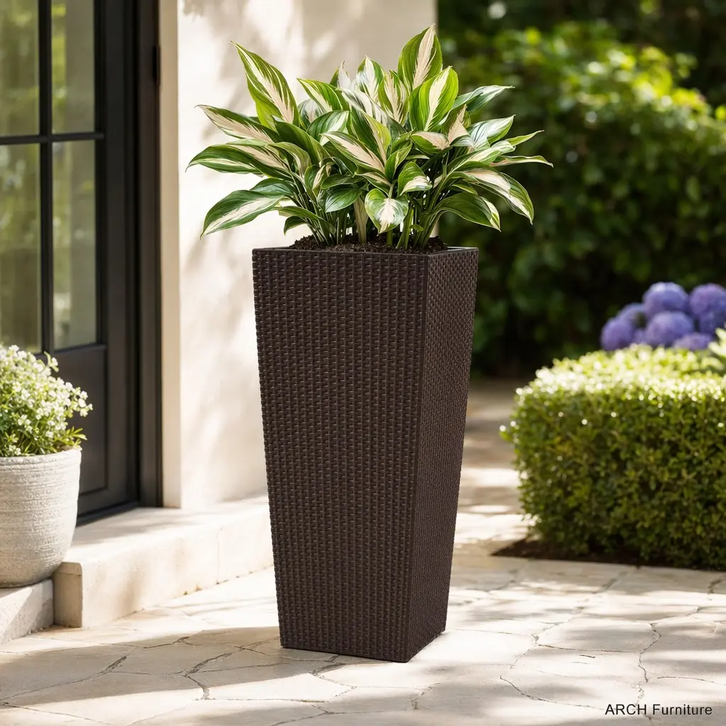 Large 30-Inch Tall Crack-Resistant Self-Watering Plastic Flower Pot with Drainage Holes and Water Level Monitor, Brown Finish