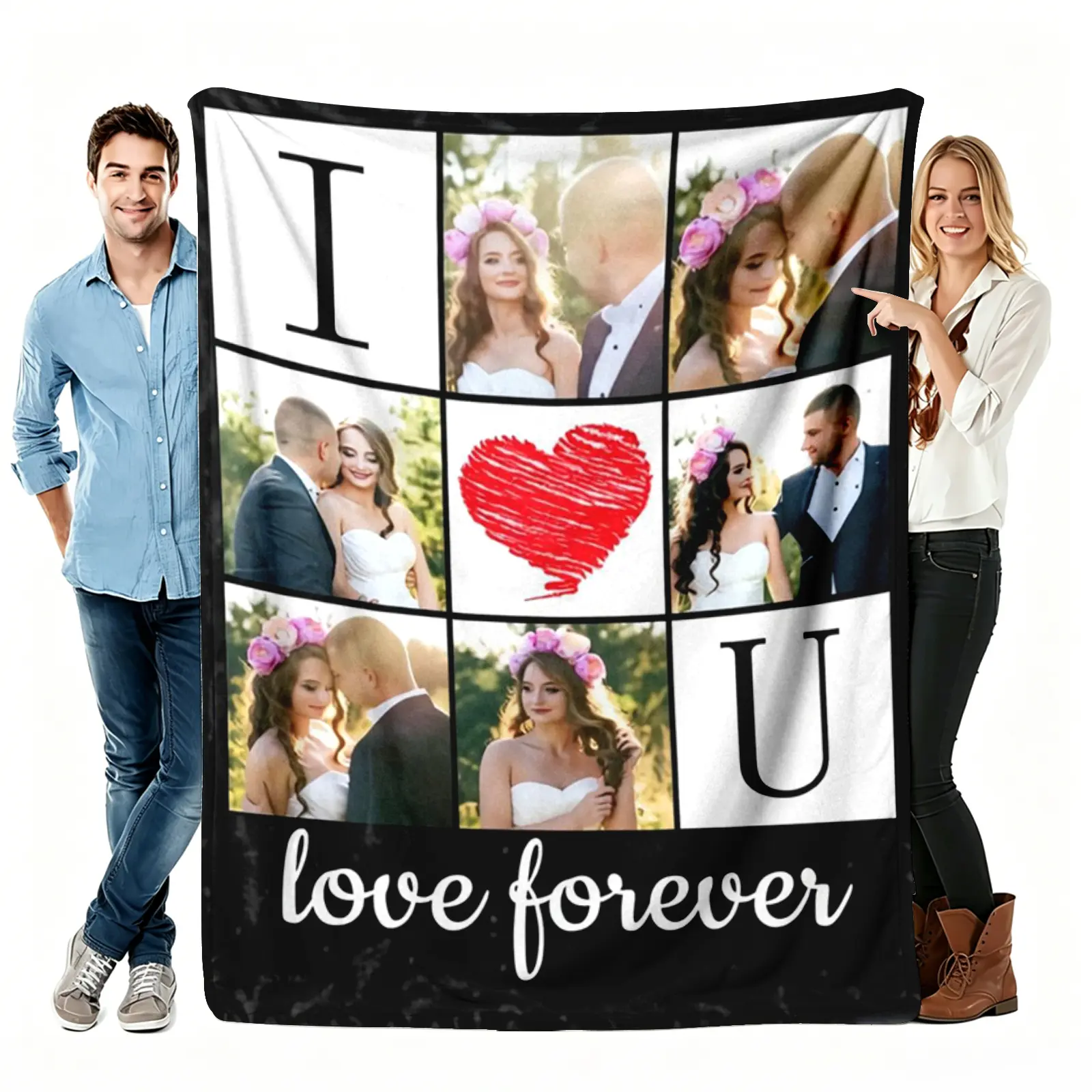 Custom I Love U 6 Photo Flannel Blanket, Wedding Bride Groom Grid Collage Soft Throw, Cozy Romantic Newlywed Gift for Her Him, Love Forever Couch Sofa Bed Decor, Summer AC Nap Blanket, Anniversary Valentine Engagement Gift for Wife Husband Lovers