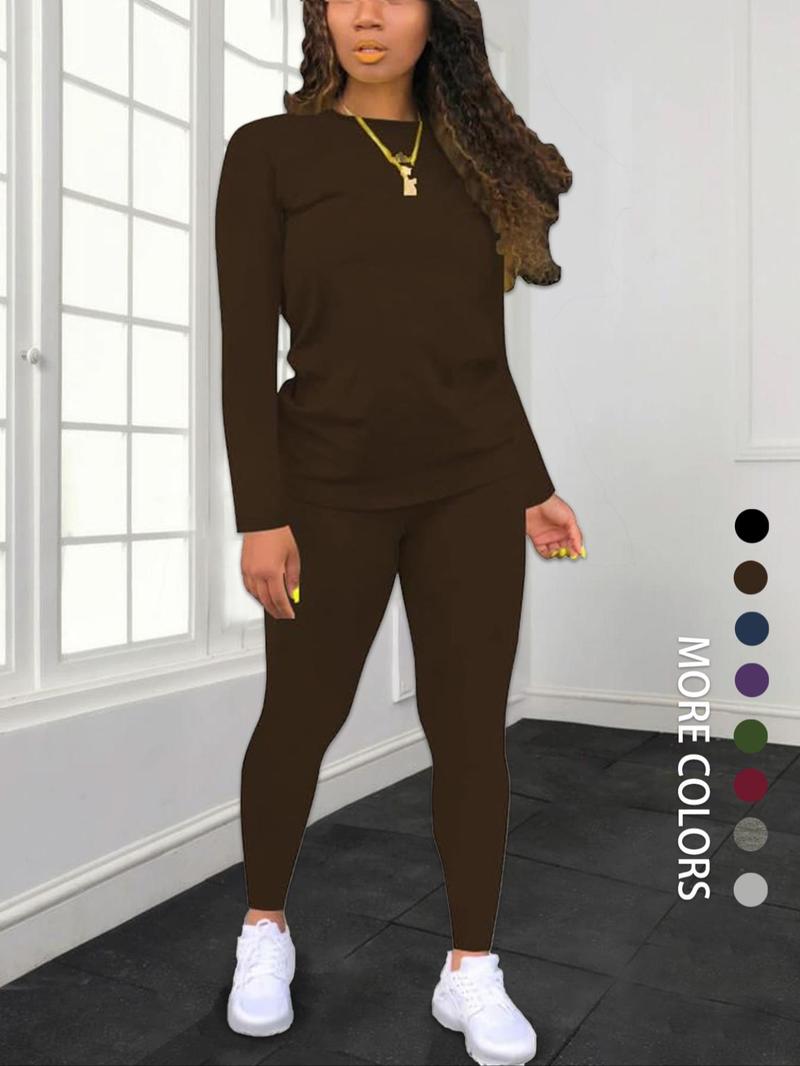 Women's Minimalist Chic Solid Long Sleeve Tee & Elastic Waist Pants Set, Lady Regular Fit Basic Casual Fitted Round Neck Longsleeves Top & Trousers for Spring & Fall, Women's Clothing for Daily Wear, Fabric Womenswear, Casual Loungewear Set