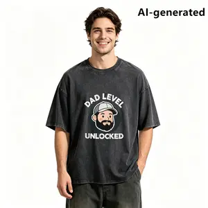 Vintage Dad Level Unlocked Bearded Man Cartoon Gamer Graphic T-Shirt, Soft 230g Stone Washed Cotton Baggy Long Cut Unisex Menswear Crewneck, Wash-Resistant Fade-Proof Heat Transfer Ink, for Game Night Hiking Outdoor Camping Summer Family