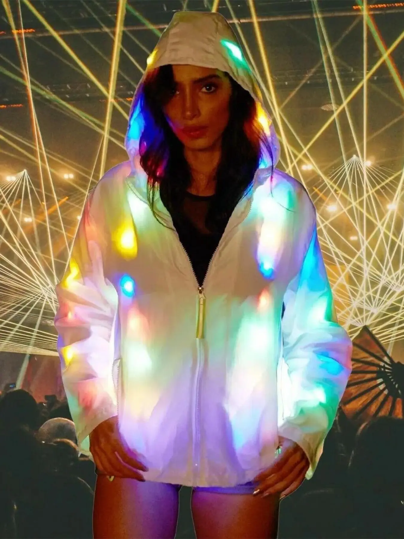 Women's LED Light‑Up Hooded Short Jacket, Multicolor Glowing Open Coat, Nightclub Party & Stage Performance Outfit