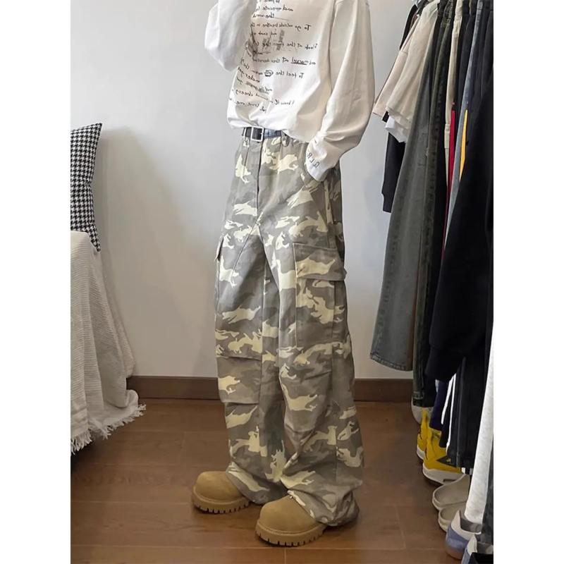 Kyn Apparel American Washed Retro Pocket Wide Leg Loose Casual Straight Paratrooper Pants Men's Trendy Camouflage Pocket Cargo Pants