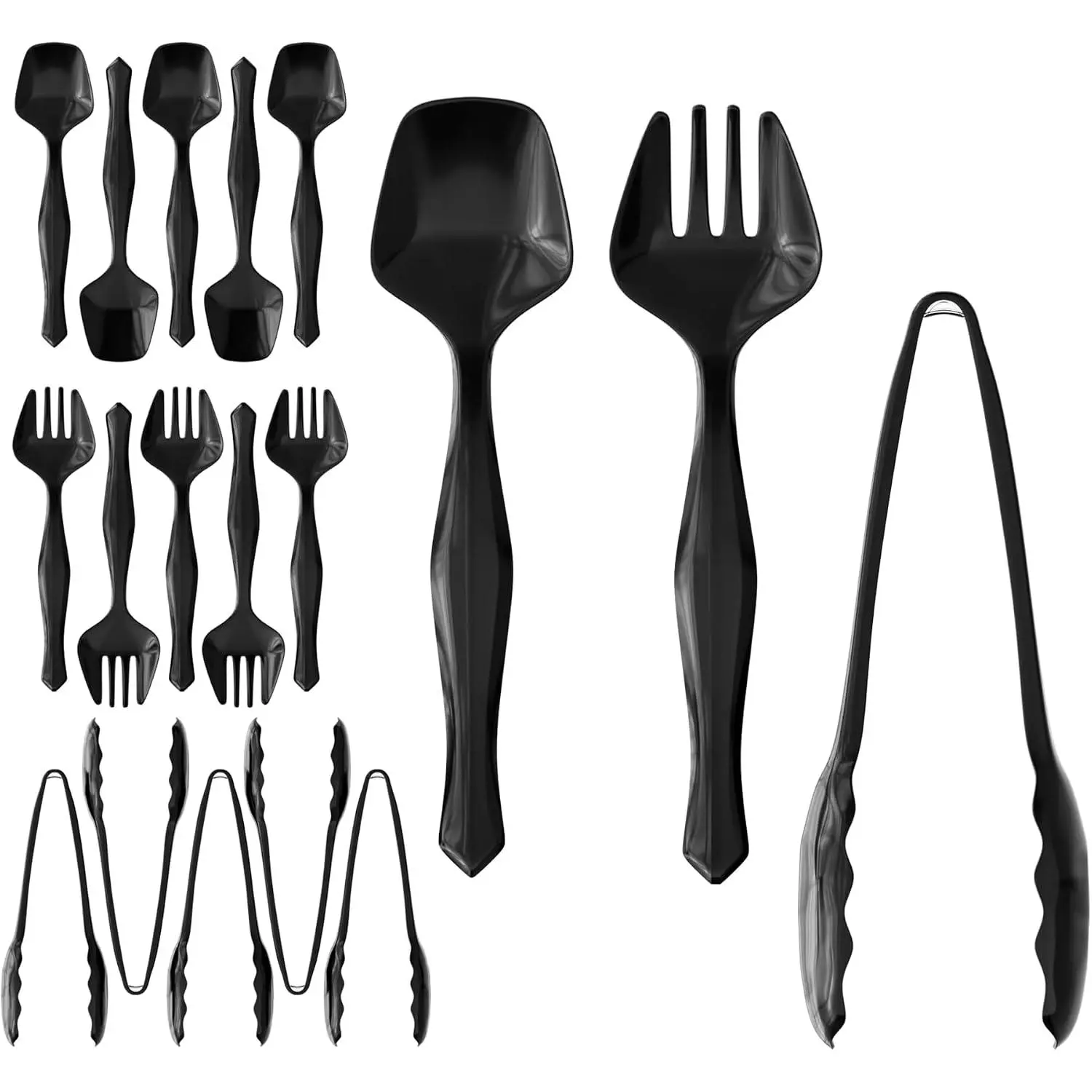 18 count Black Plastic Serving Utensils Set - 6 Black Plastic Serving Spoons, 6 Black Tongs And 6 Forks - Heavy Duty Black Disposable Serving Utensils Set For Parties
