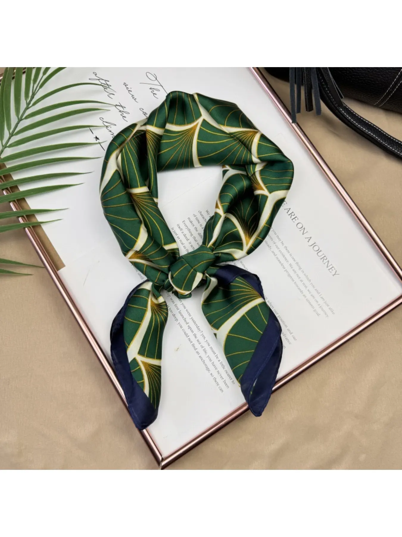 Retro green fan-shaped silk scarf for women, spring and summer lightweight square scarf, versatile and stylish neck accessory for shirts.