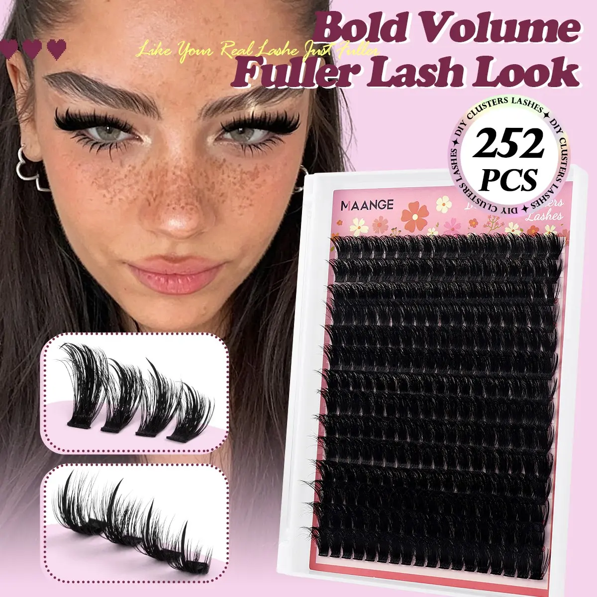 MAANGE 252 Pcs DIY Lash Clusters, 10-16mm Individual Cluster Eyelashes, 3D Wispy Volume False Lashes Extensions, Soft Lightweight Fishbone Band Lashes, Natural Bold Look, Easy DIY Salon Eyelash Makeup for Beginners