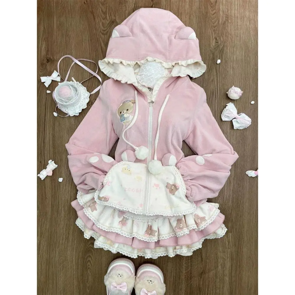 Winter   Princess Elegant Women 2 Piece Sets Sweet Kawaii Hoodie + Lace Chic Pleated Skirt Female Retro Preppy Style Clothes