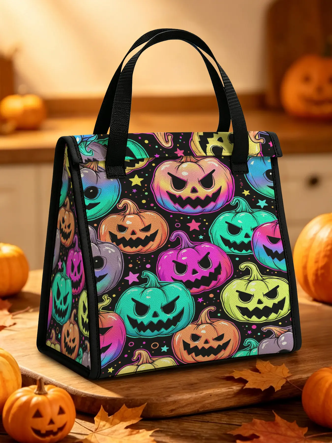 Colorful Pumpkin Carnival Lunch Bag Halloween Theme Lunch Bag Zipless, Waterproof and Oil Resistant, Suitable for School, Camping, Picnicking, Daily Commuting Use
