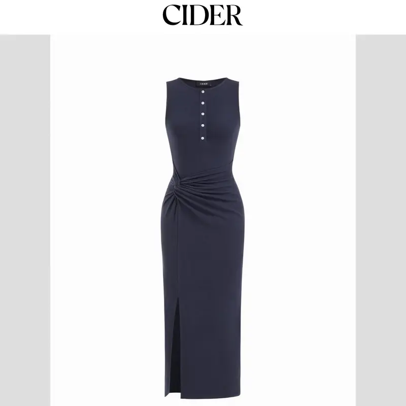 Cider Women's Cotton-Blend Round Neck Twist-Side Split Maxi Dress