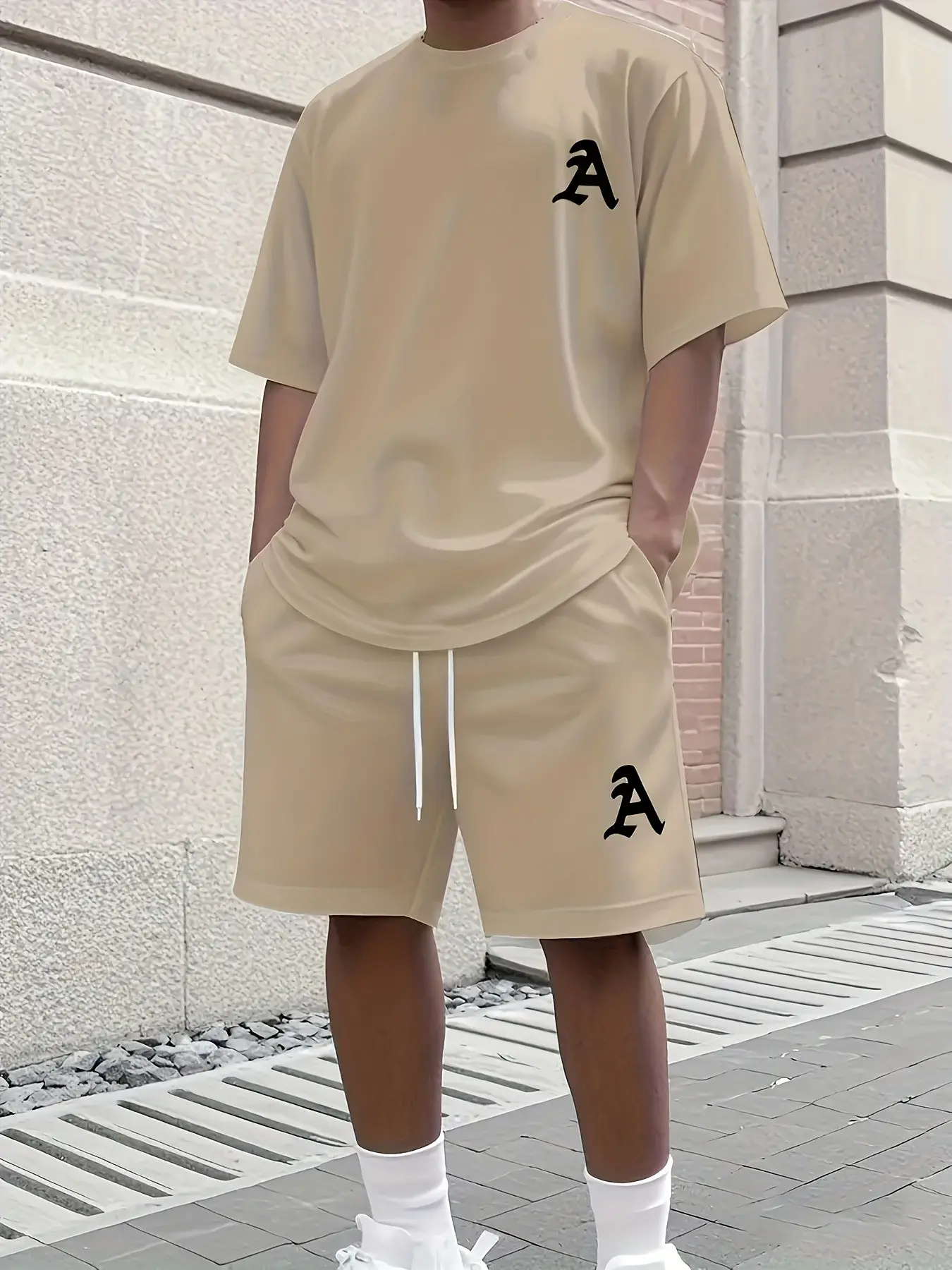 Summer versatile men's sports suit, niche personalized letter print, comfortable walking and fitness clothing