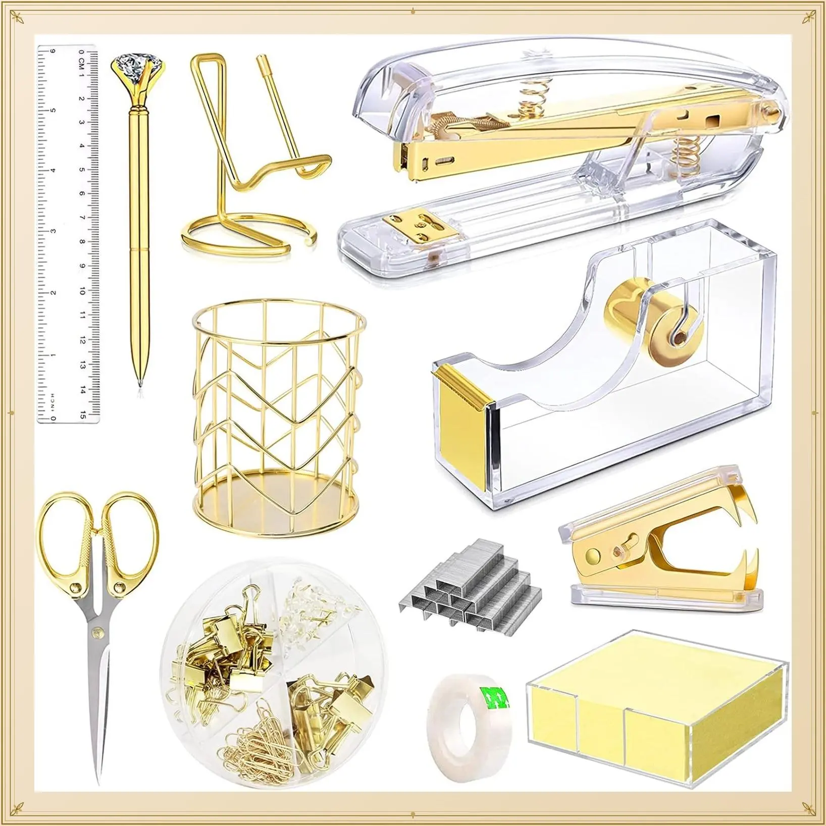 Gold Desk Accessories Set, Acrylic Stapler, Staple Remover, Tape Dispenser, Pen Holder, Ballpoint Pen, Scissors, Binder Clips, 1000 Staples, Phone Stand, Ruler, Transparent Glue, 300 NotesGift
