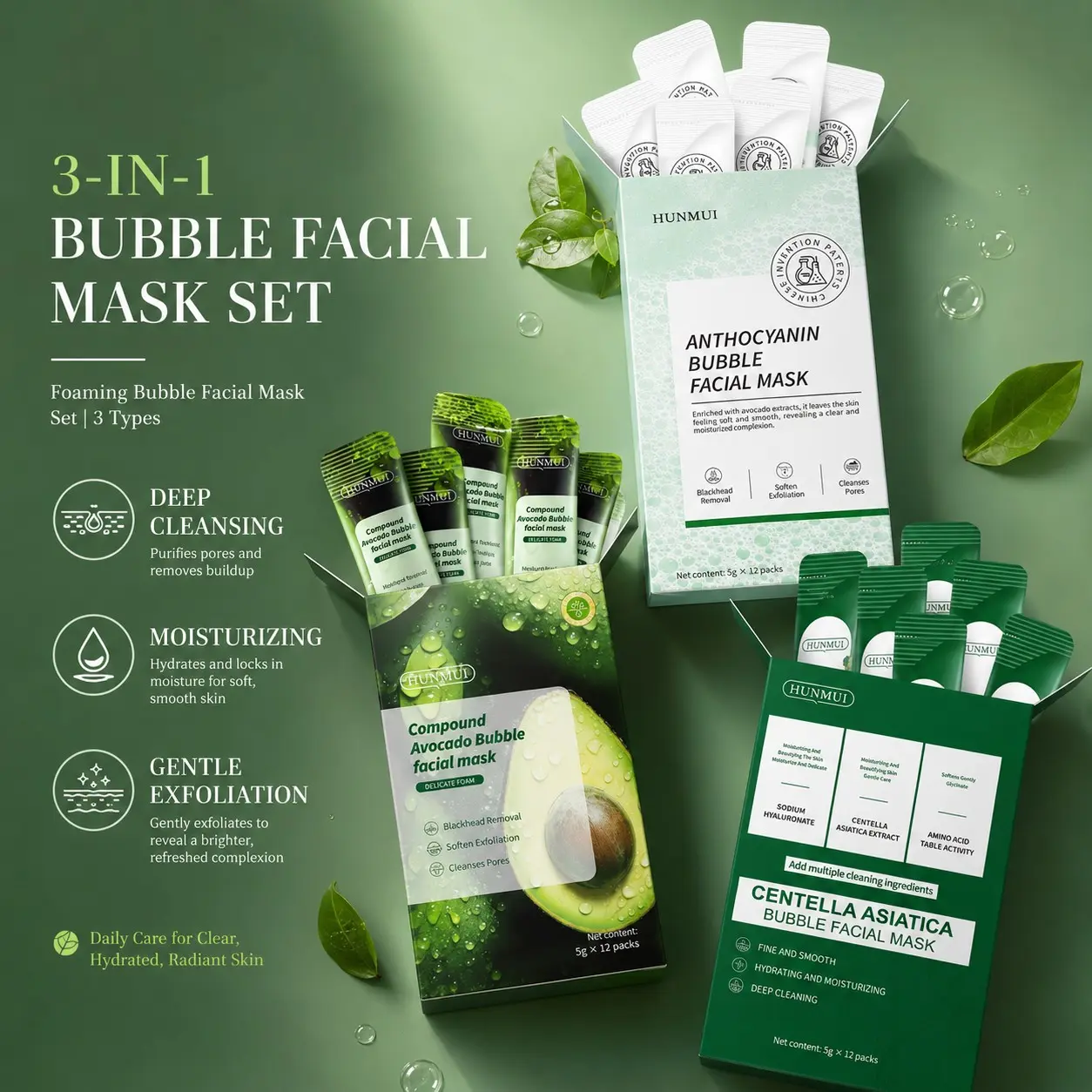 Bubble Mask Skincare Set, Contains Centella and Avocado, Anthocyanins, Deep Cleansing, Pore Refining, Hydrating, Non-Irritating, Travel Size, Suitable for All Skin Types