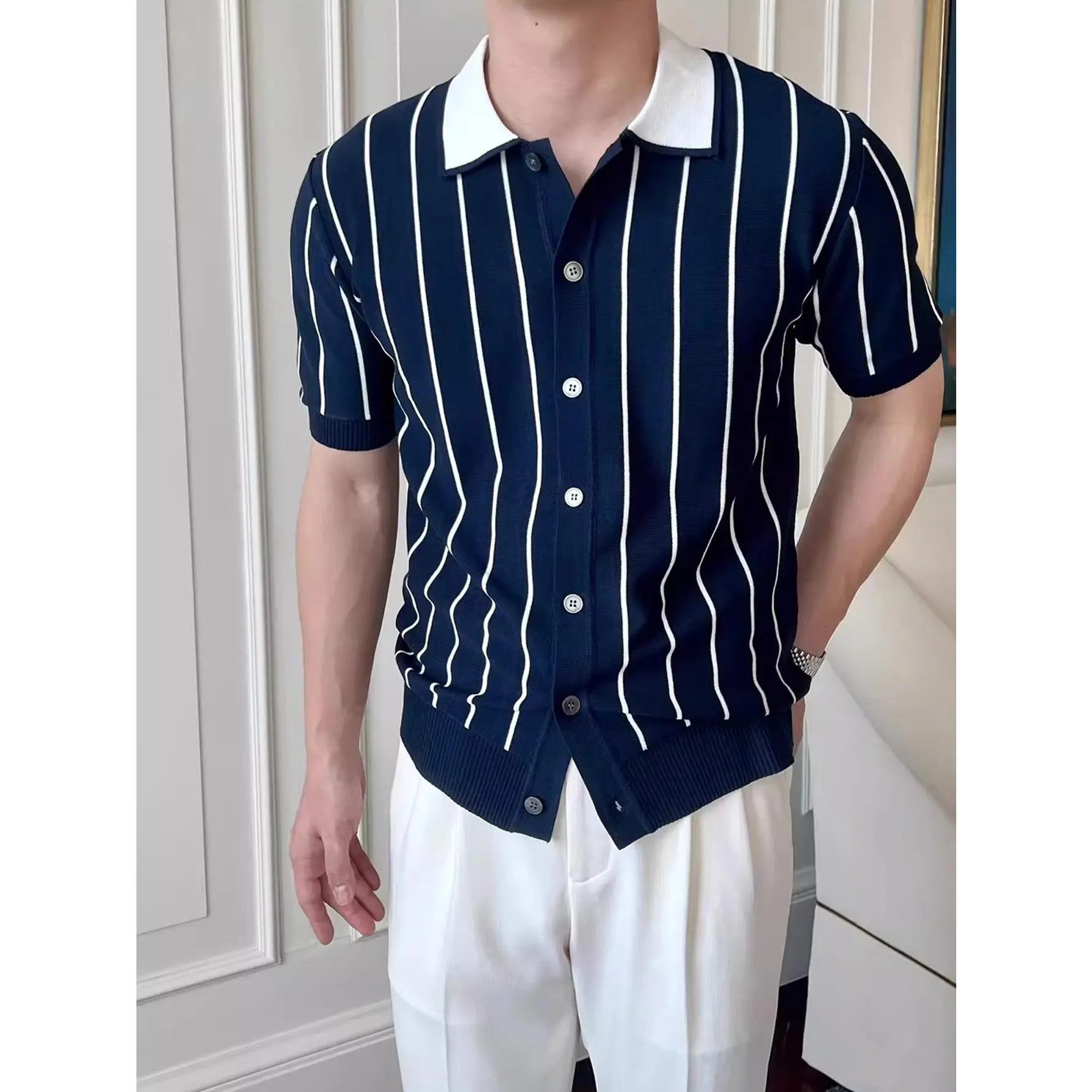 Vertical Stripe Front Button Knit Short Sleeve Polo Sweater, Contrast Collar Slim Knitwear, Polished Versatile Basic for Business Casual Summer Outfits and Gentlemanly Mensfashion