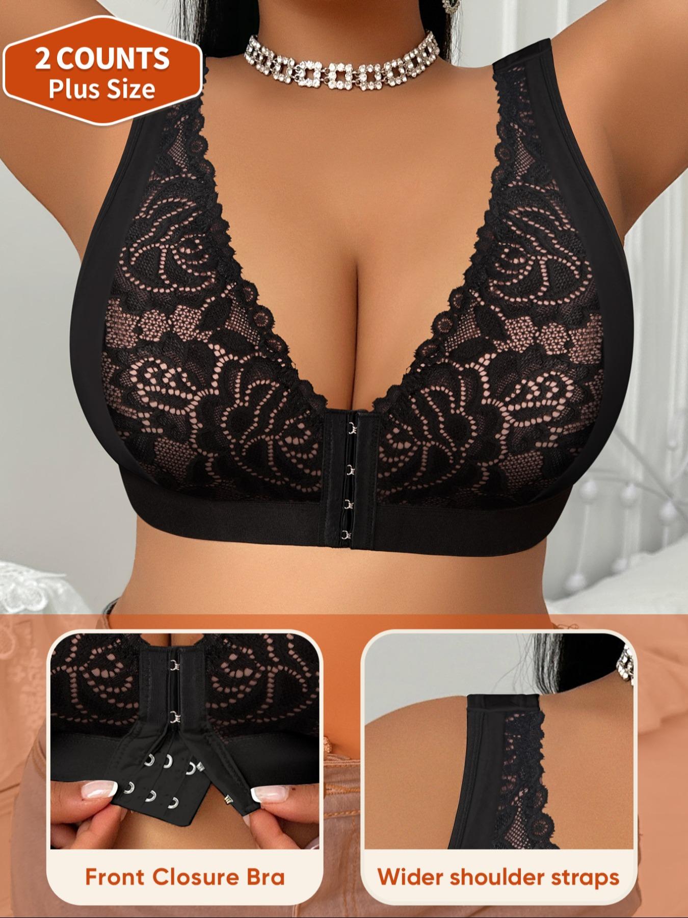 Women's Backless Bra Set, Full Coverage Plus Size Wireless Push Up, Soft Breathable Lace Floral Pattern, Medium Support All Seasons