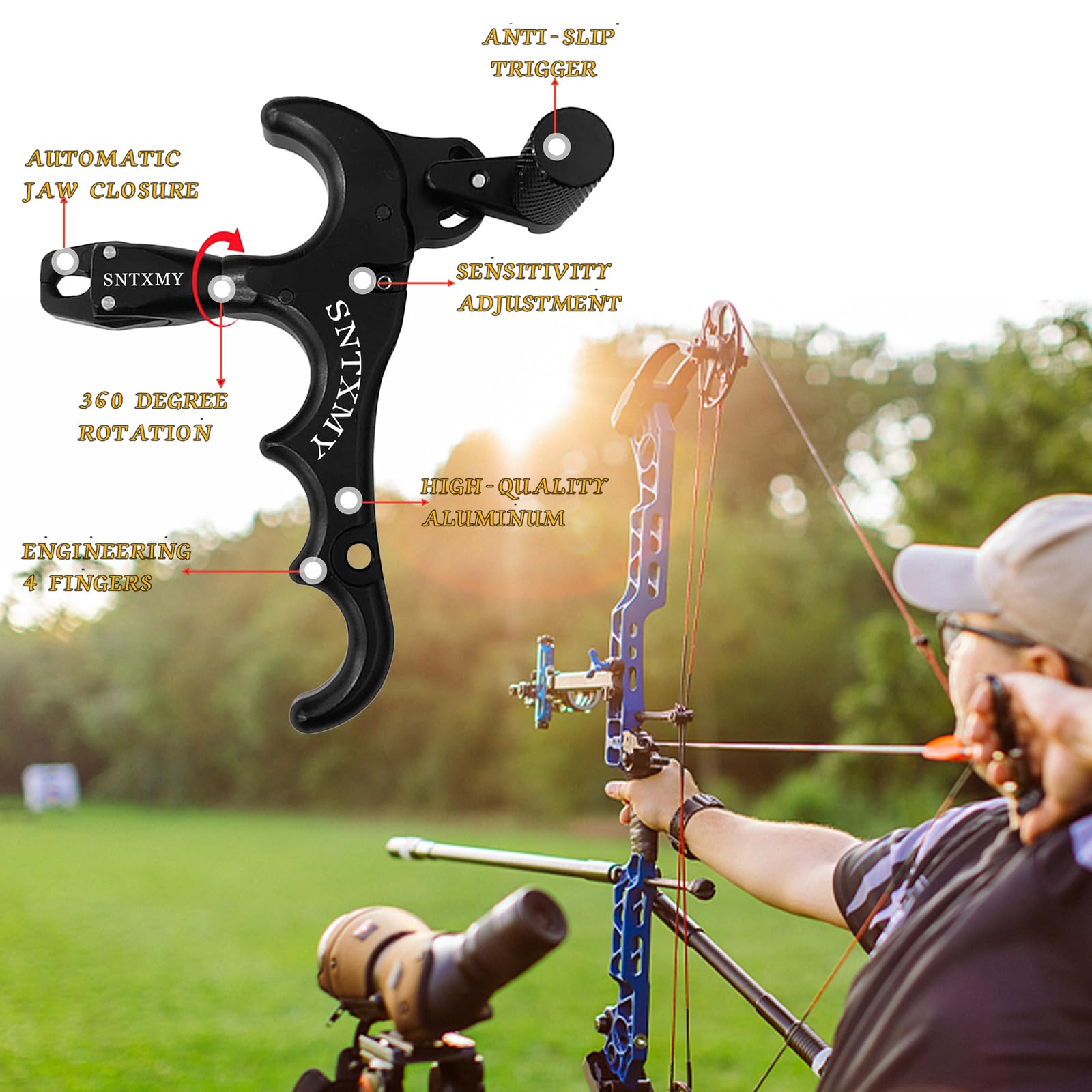 360 °   Rotatable Thumb Release for Compound Bow 4 Finger Grip Adjustable Sensitivity Automatic Jaw Closure Enhanced Accuracy Hunting Tool