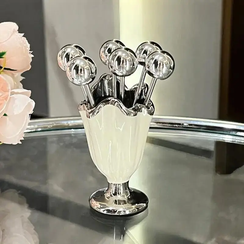 Mini Pleated Fruit Fork Set + 6 Small Forks, Stainless Steel, Safe Home Use, Storage Jar Included, Ideal for Cakes, Desserts, Fruits, Festive Occasions
