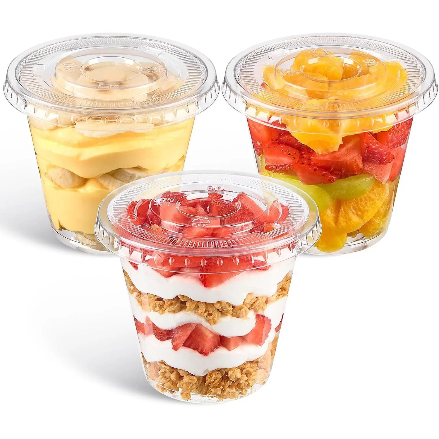 50 Pack 9 Oz Clear Plastic Dessert Cups with Flat Lids No Hole, Small Parfait Cups Mini Plastic Cups for Fruits, Puddings, Jello, Cakes, Snacks, Ice Creams, Party Supplies
