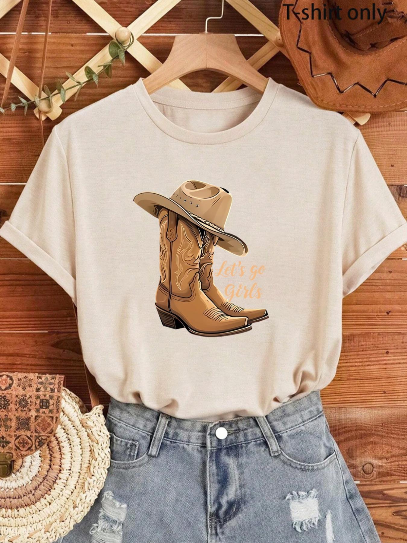 Women's Letter & Cowboy Hat Print Round Neck Graphic Tee, Vintage Trendy Casual Short Sleeve T-shirt for Daily Wear, Ladies Summer Clothes