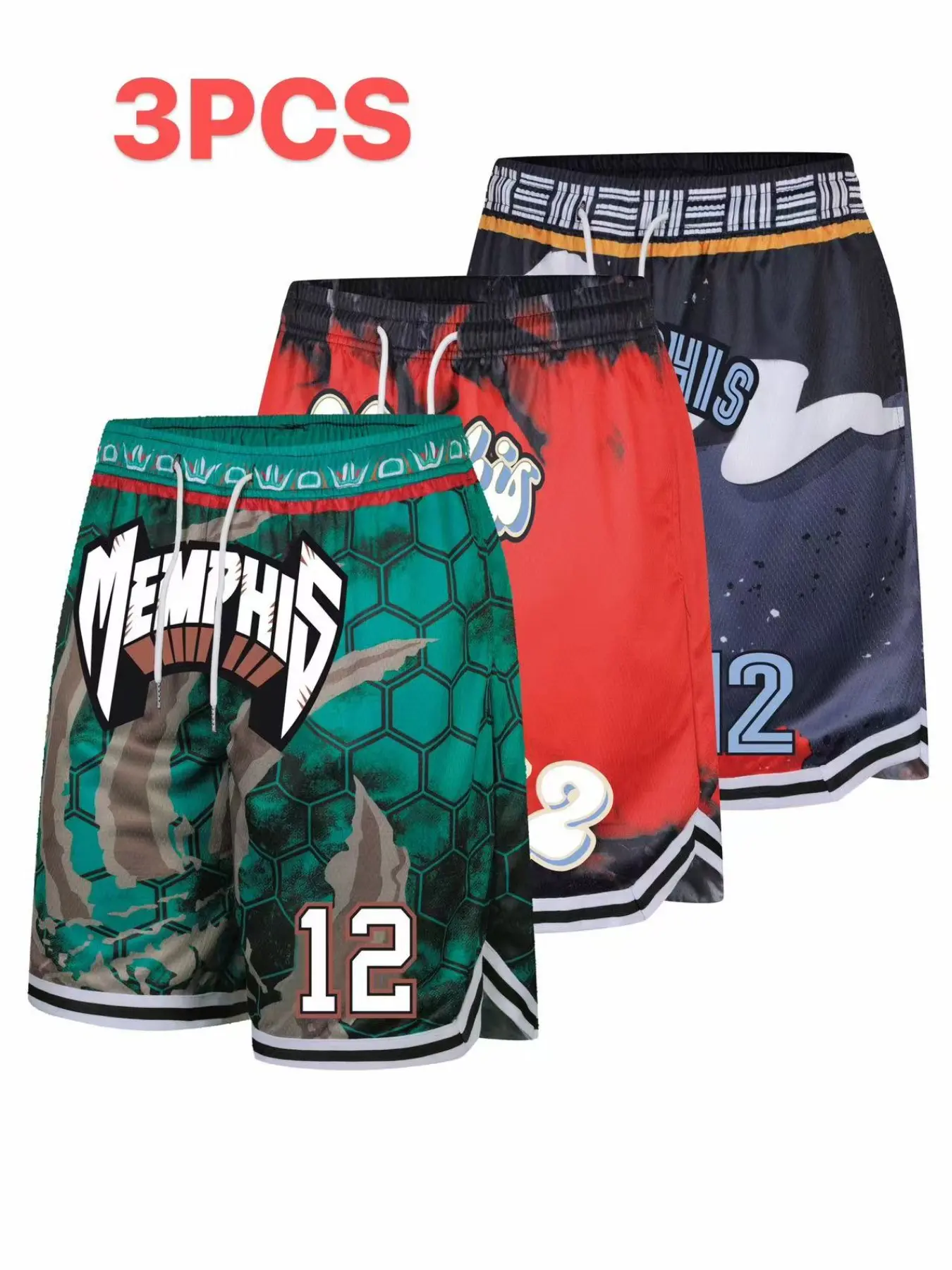 Three-Pack Basketball Shorts #12, Quick-Dry Breathable Mesh Gym Shorts, Side Pockets, Loose Fit, Gym Running Casual, Drawstring Waist