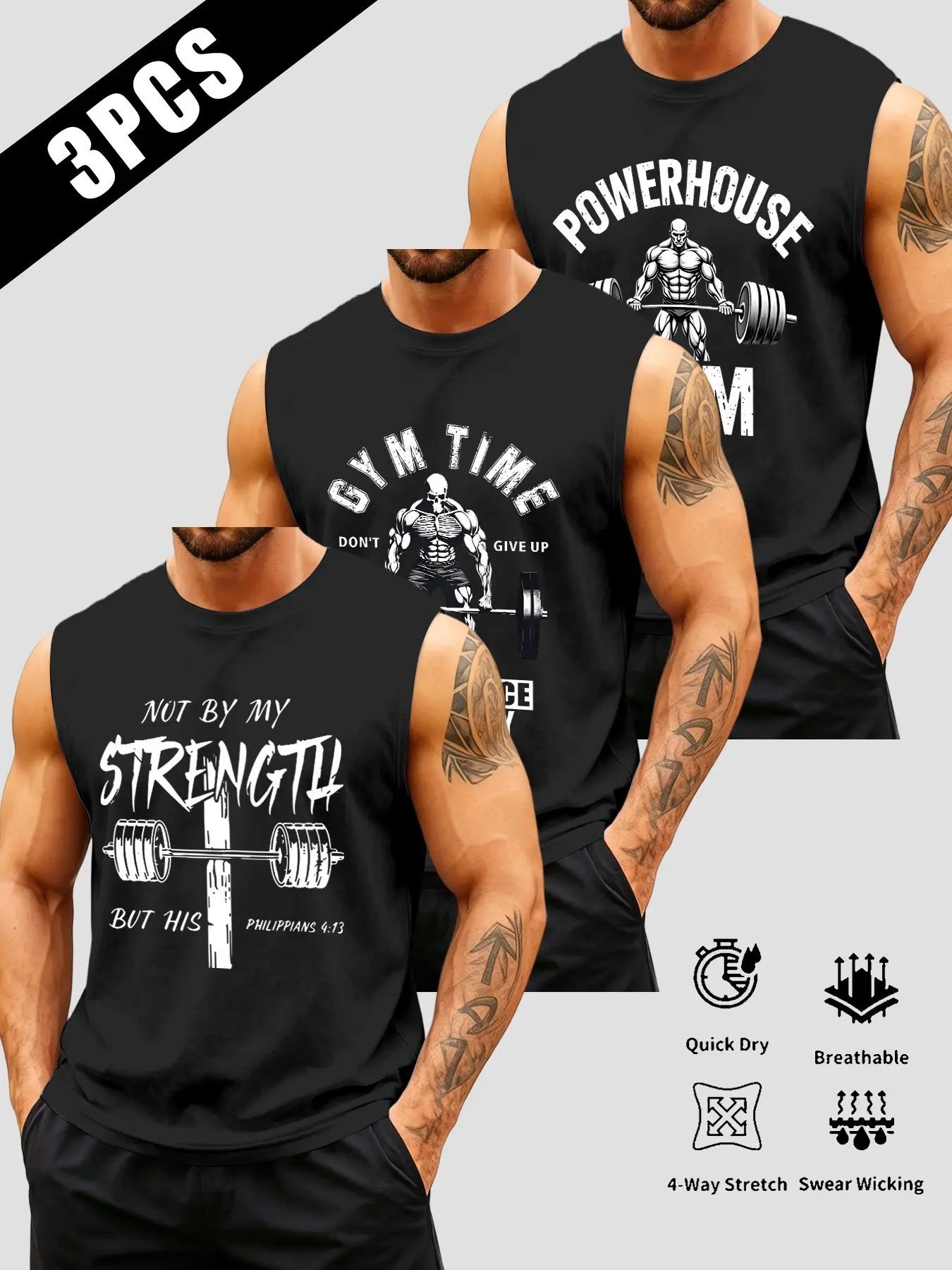 Men's 3-Pack Barbell Muscle Tank Tops, Gym Print Quick-Dry Oversized Sleeveless Vest, Sporty Slim-Fit, Breathable Fabric, Gym & Running Wear