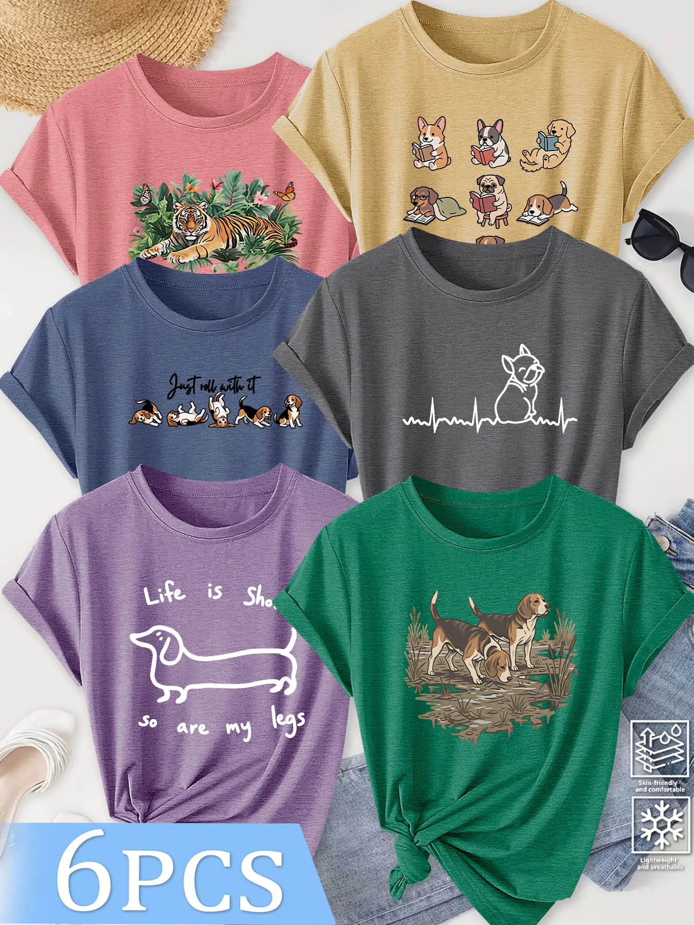 6Pcs Women Crew Neck T‑Shirts, Plant Pot Patterns As Pictures, Multiple Colors, Machine Washable, Spring Summer Apparel, Soft Skin‑Friendly Fabric, Daily Versatile, Fashion Casual Tops