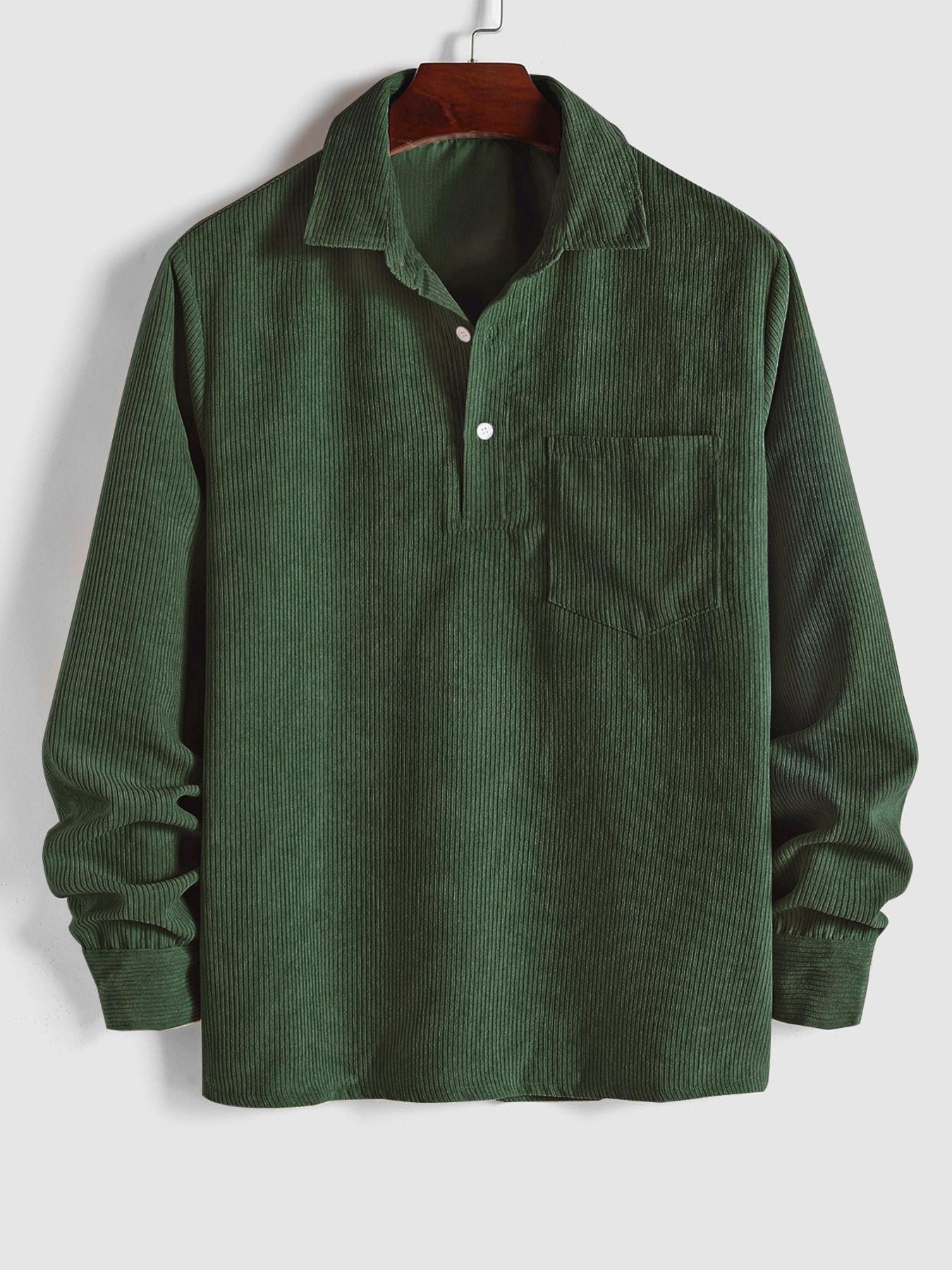 Men's Plain Pocket Half Button Corduroy Shirt, Casual Comfy Regular Fit Long Sleeve Collared Top For Fall & Winter, Men's Clothes For Daily Wear Men's Plain Pocket Half Button Corduroy Shirt, Casual Comfy Regular Fit Long Sleeve Collared Top For Fall & Winter, Men's Clothes For Daily Wear
