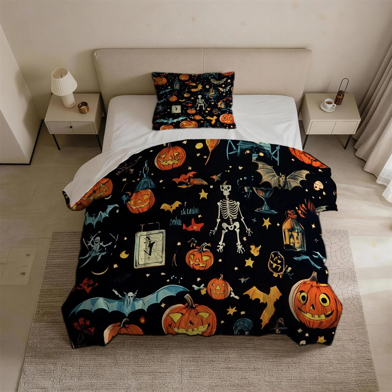 2/3pcs Vintage Halloween Pumpkin Skeleton Ghost Print Comforter Set, Complete Bedding Set With Matching Pillowcase, Soft All-Season Quilt With Spooky Bat Graphics, Cozy Fabric For Bedroom, Trendy Fall Decor For Halloween Lovers