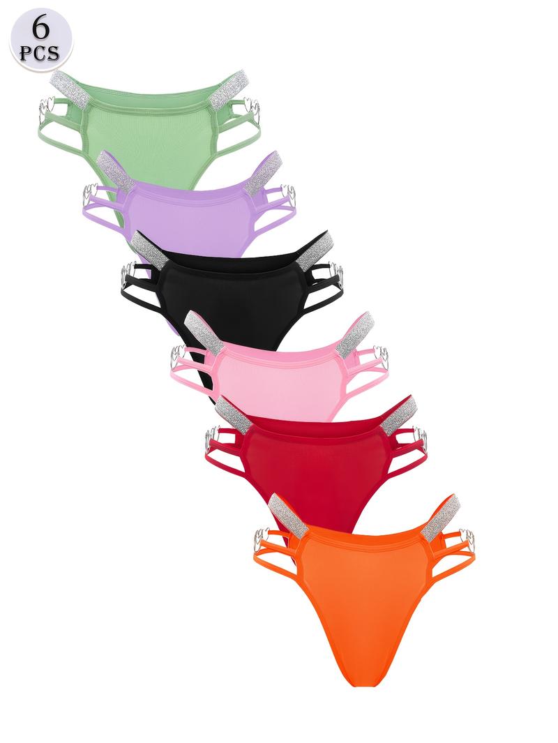 6 Pack Women's Sexy Heart-Shaped Chain Bikini Panties - Mixed Colors, Fashionable Soft Breathable Nylon Blend, Mature Elegant Low-Waist Design, Suitable for Parties and Romantic Dates Swim Knicker