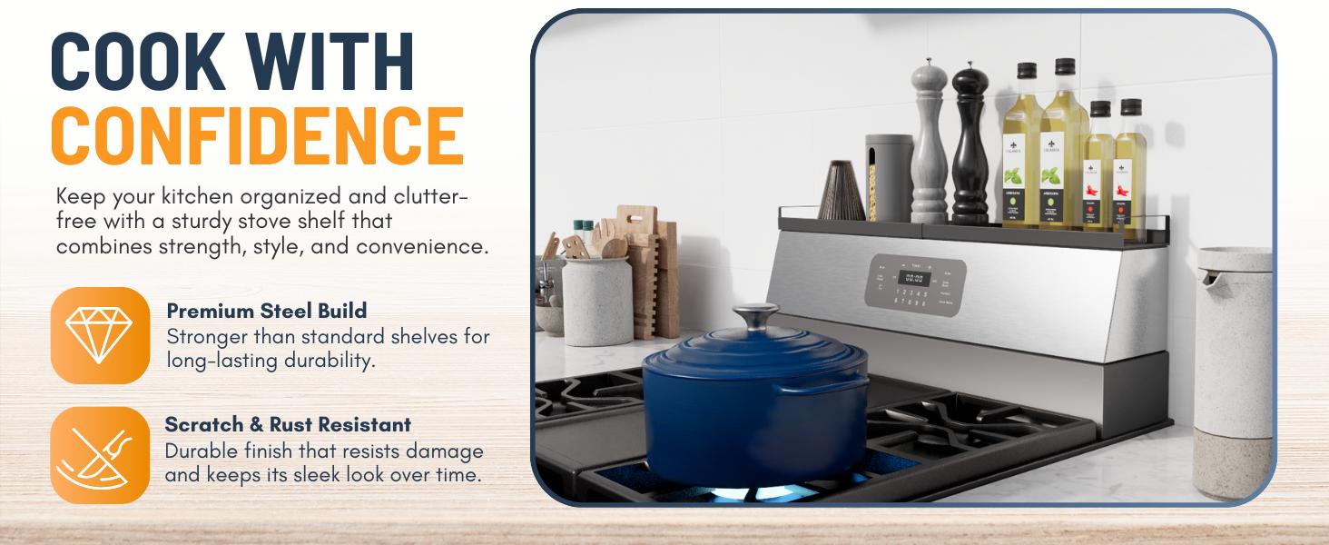 Extendable Steel Over the Stove Shelf for Back of Stove (16 to 30 Inches) Magnetic Stove Top Shelf for Kitchen Stove, Over Stove