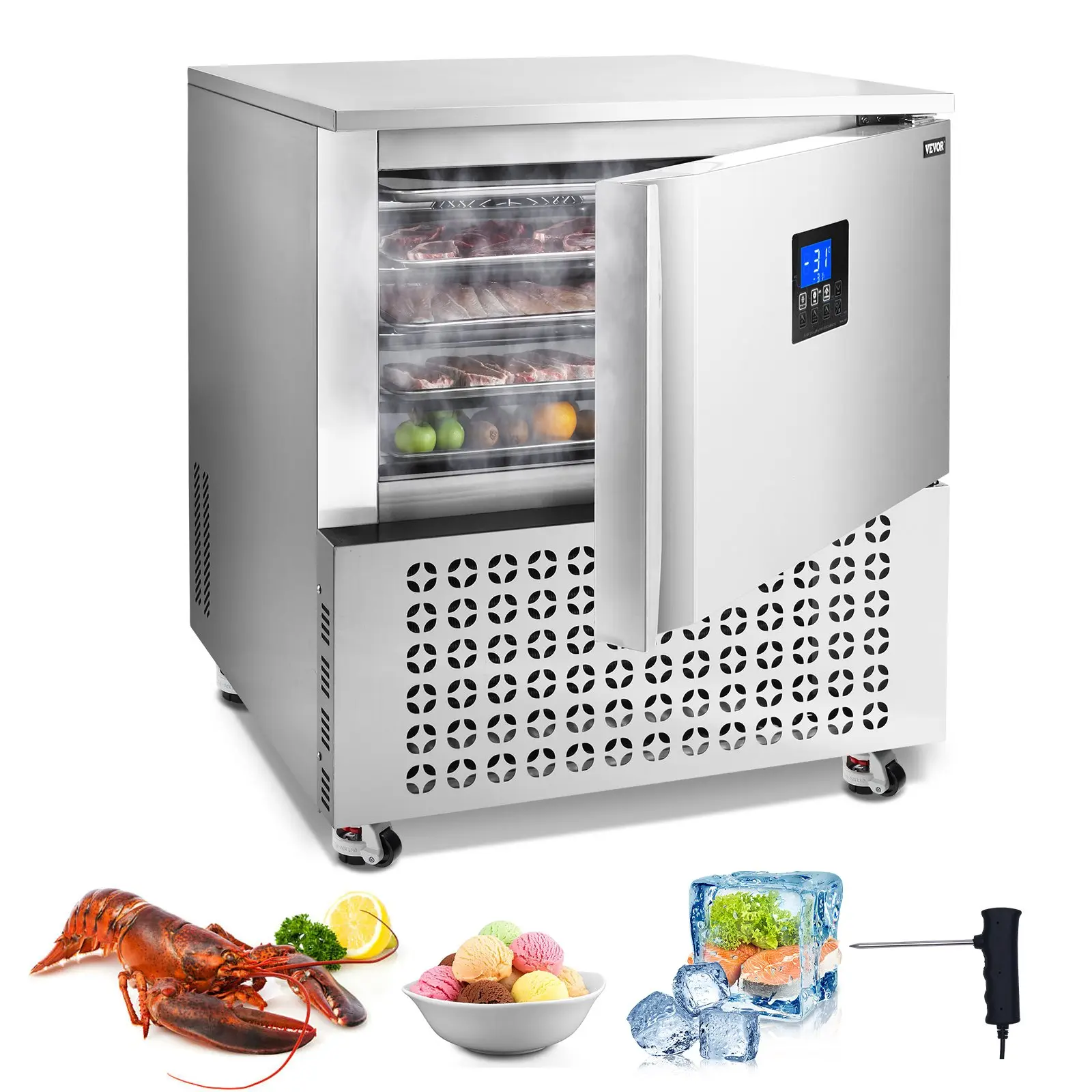 【DealsForYouDays】VEVOR Commercial Blast Freezer, 114 L/ 4 Cu. ft Blast Chiller with 5 Trays, Blast Chiller Freezer Chest with 4 Freezing Modes, Stainless Steel Food Blast Freezer with Casters for Restaurant, Seafood