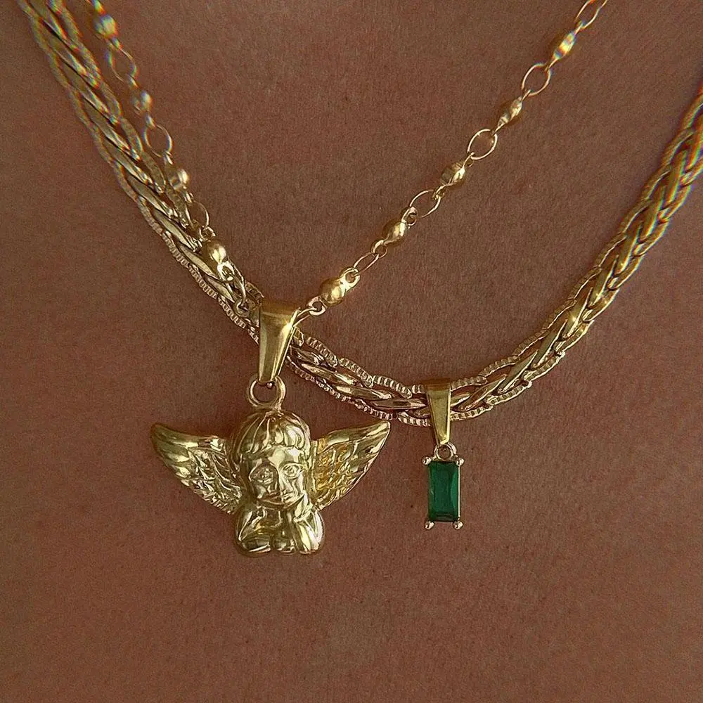 Bohemia Multilayer Cherub Pendant Chain Necklace For Women Gold-plate Big Thick Chain Necklaces Jewelry