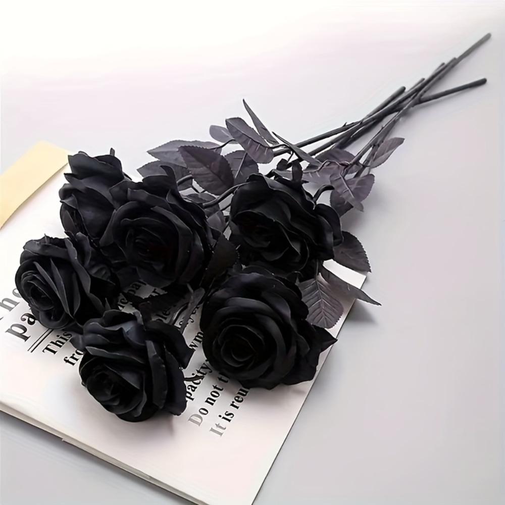 5pcs/10pcs Artificial Black Roses | Plastic Fake Flowers, Long Stem, for Halloween, Home Decor, Wedding Party, Gothic Goth Decor, Artificial Rose Bouquet