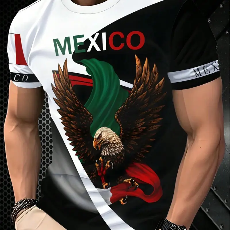 Men's Mexican Eagle Letter Print Round Neck Short Sleeve T-Shirt, Casual Summer Streetwear Top, Breathable Daily Wear Clothing