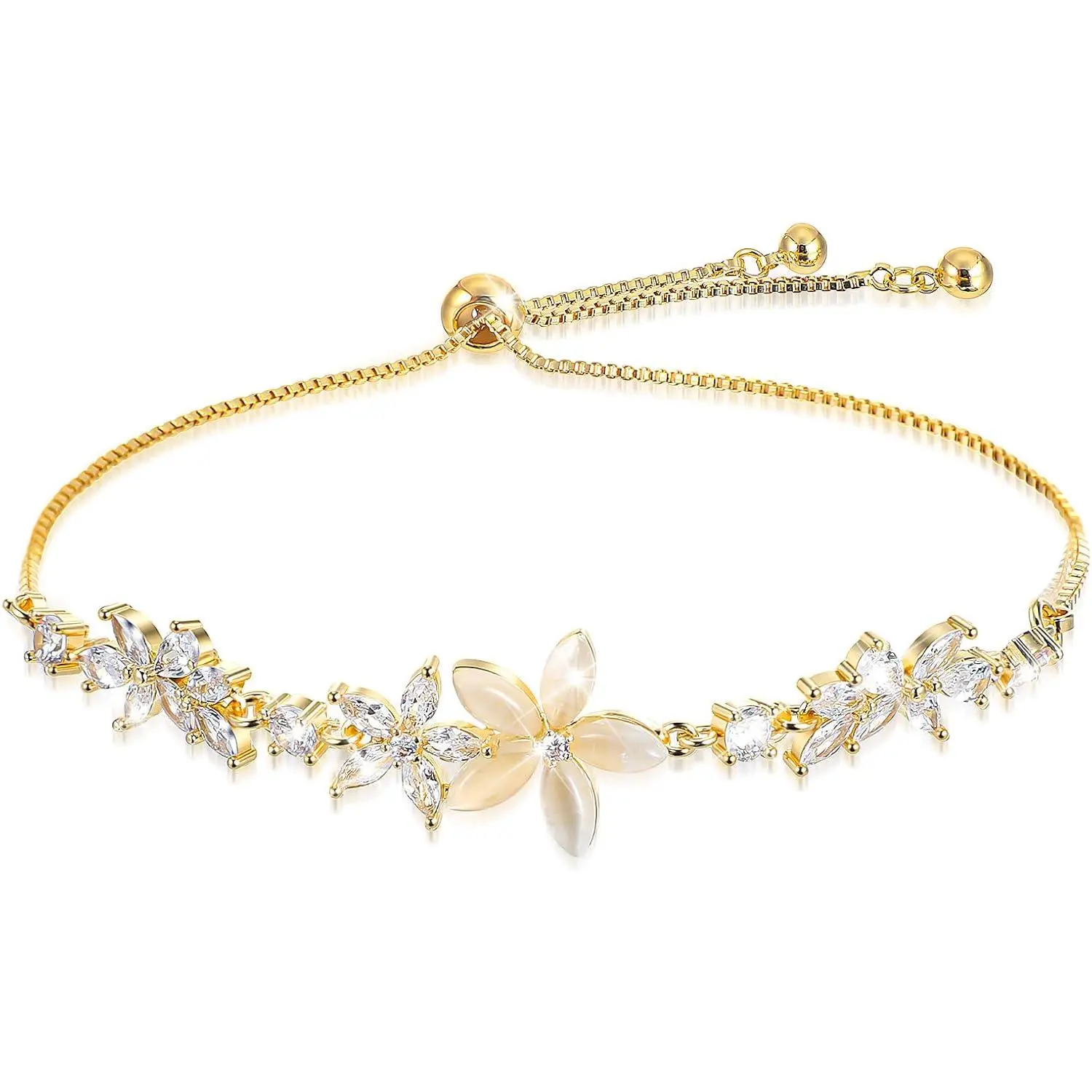 Adjustable Bracelets for Women,Dainty Flower Bracelet Rhinestone Slider Floral Bracelet Floral  Adjustable Bridesmaid Bracelets